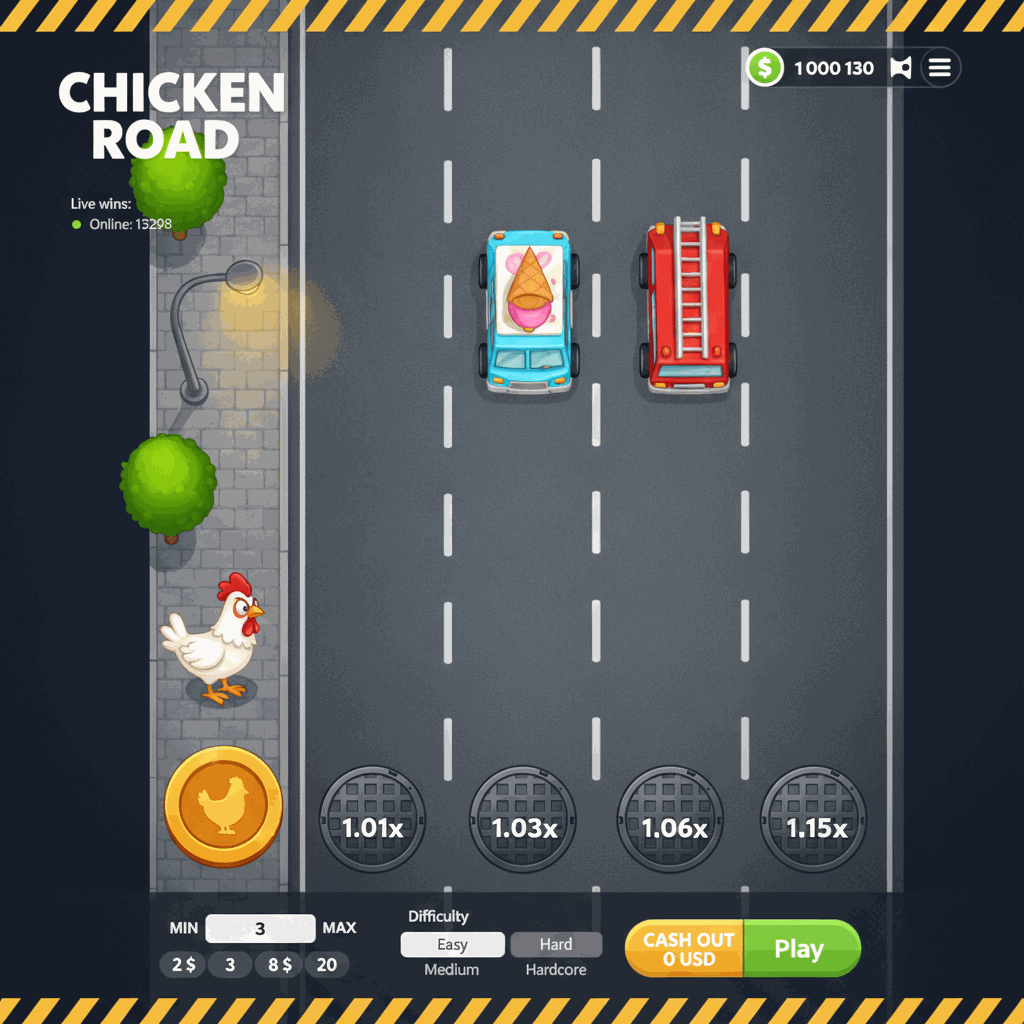 Chicken Road crash game interface showing cartoon chicken character on urban sidewalk ready to cross multi-lane road with manhole cover multiplier markers on each lane
