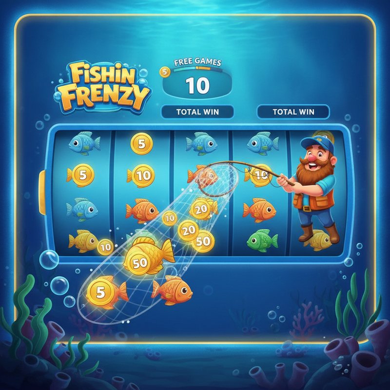 Fishin Frenzy free games feature with fisherman wild collecting fish prize values from the reels