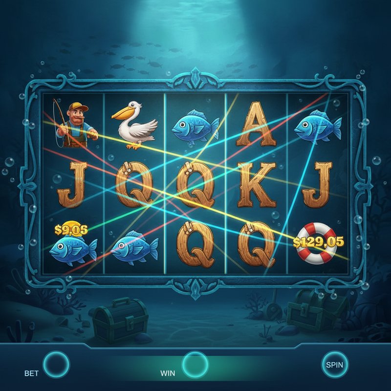 Fishin Frenzy gameplay showing coloured paylines across the 5-reel 3-row grid with active win lines