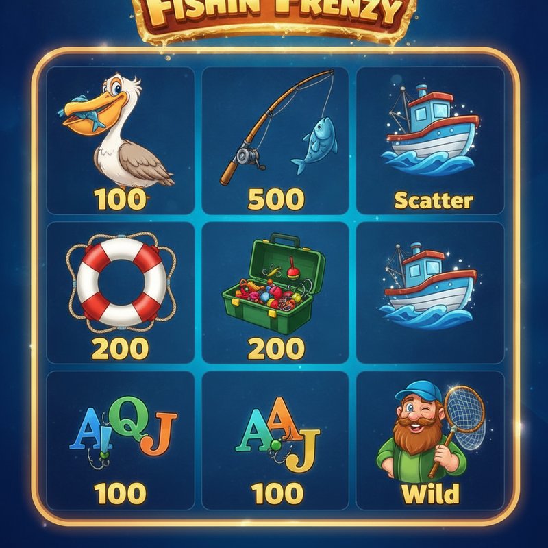 Fishin Frenzy paytable showing pelican, fishing rod, life preserver, tackle box and card symbol payouts